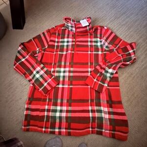 Lands' End Red Plaid Quarter-Zip Fleece Top